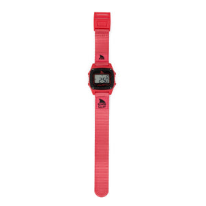 Digital watch with a red strap on a white background