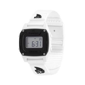 Digital watch with a white strap and black case on a white background