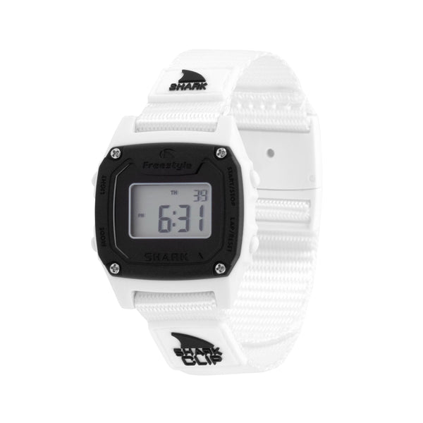 Digital watch with a white strap and black case on a white background