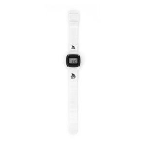 Digital watch with a white strap on a white background
