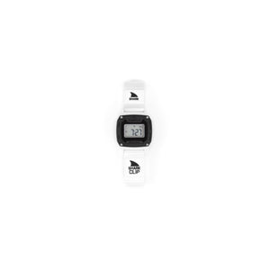 Digital watch with a white strap and black case on a white background
