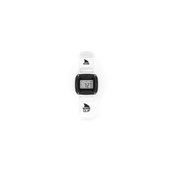 Digital watch with a white strap and black case on a white background