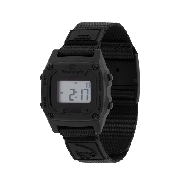 Black digital watch with a strap on a white background