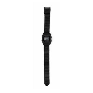 Black digital watch with a strap on a white background