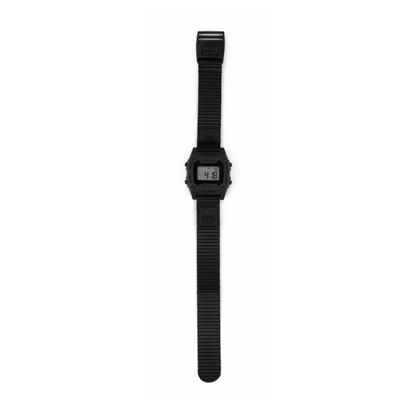 Black digital watch with a strap on a white background