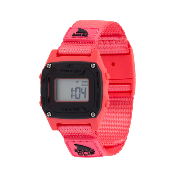 Digital watch with a red strap on a white background