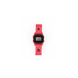 Red digital watch with a shark logo on a white background