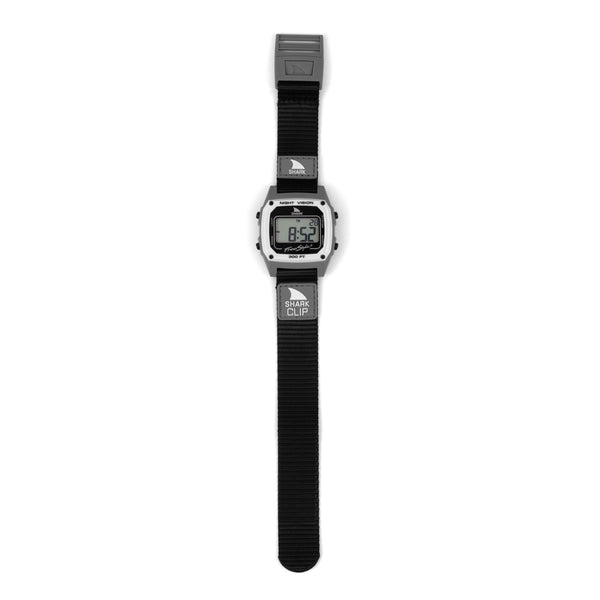 Digital watch with black strap on a white background