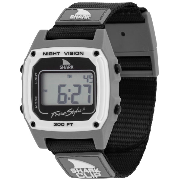 Digital watch with black strap and gray case on a white background