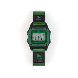 Green digital watch with strap on a white background