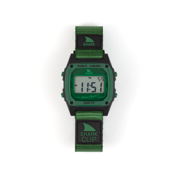 Green digital watch with strap on a white background