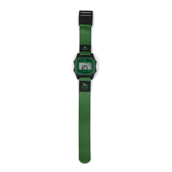 Green digital watch with a strap on a white background