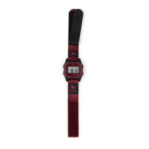 Digital watch with a red strap on a white background
