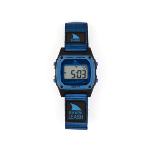 Digital watch with blue strap and shark fin logo on a white background
