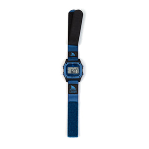 Digital watch with a blue strap on a white background