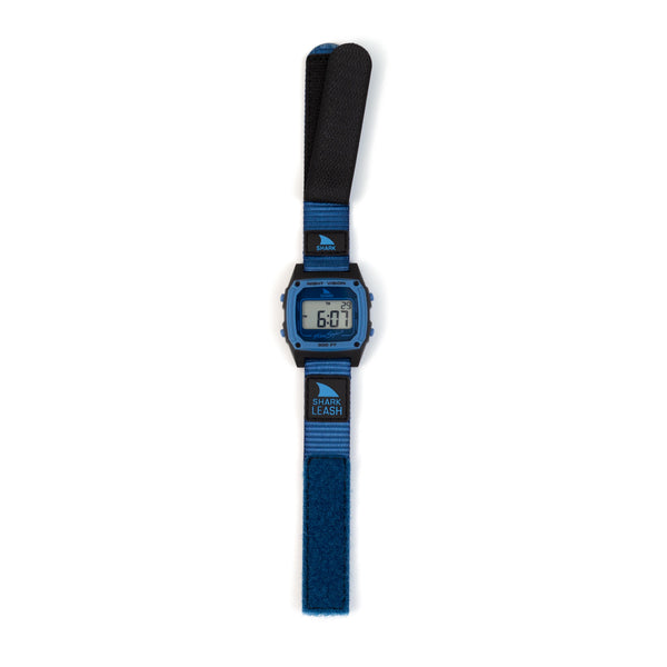 Digital watch with a blue strap on a white background