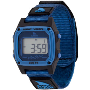 Digital watch with blue strap and black case on a white background