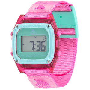 Digital watch with pink and turquoise strap on a white background
