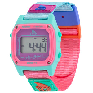 Colorful digital watch with a pink and blue strap on a white background