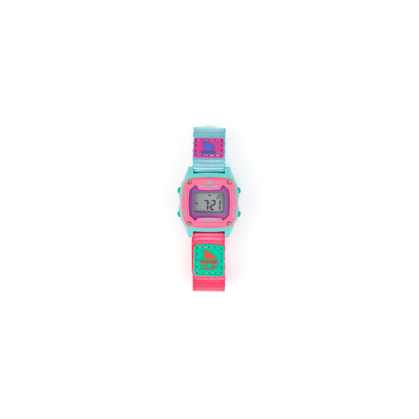 Digital watch with a pink and teal strap on a white background