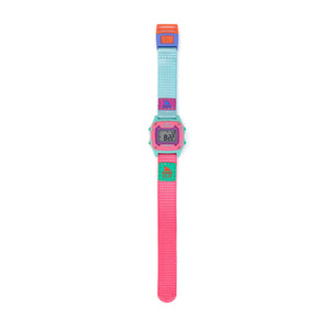 Digital watch with a multicolored strap on a white background
