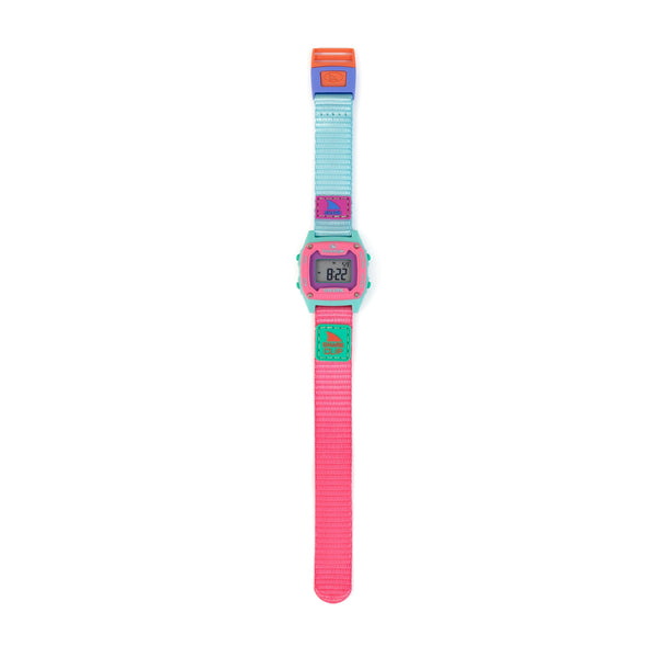 Digital watch with a multicolored strap on a white background
