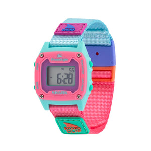 Colorful digital watch with multiple color straps on a white background
