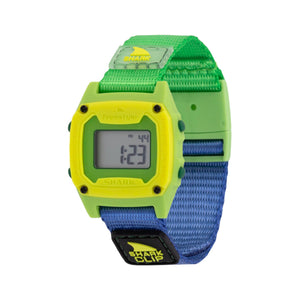 Digital watch with green and blue strap on a white background