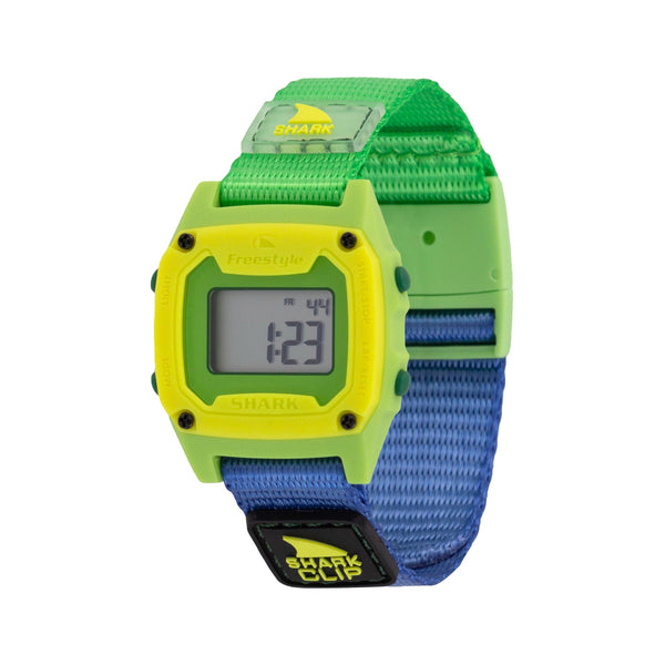 Digital watch with green and blue strap on a white background