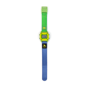 Digital watch with green strap on a white background