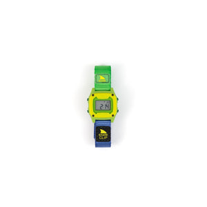 Digital watch with green strap on a white background