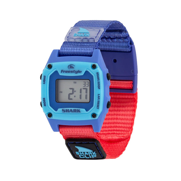 Digital watch with blue and red strap on a white background