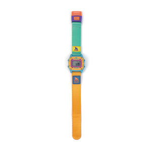Colorful digital watch with a green and orange strap on a white background