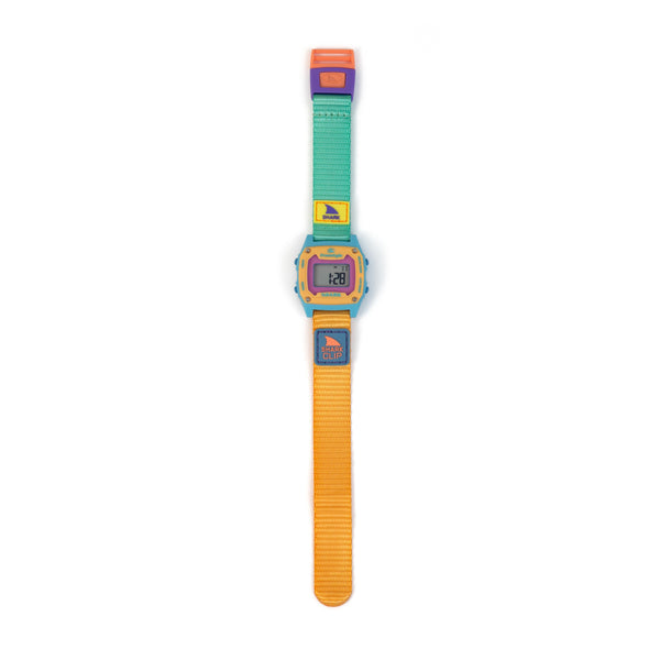 Colorful digital watch with a green and orange strap on a white background