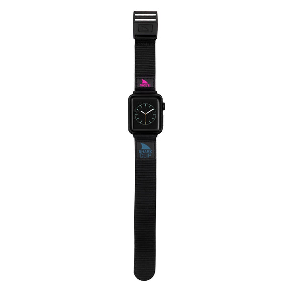 Freestyle APPLE WATCH™ CLIP STRAP PRIMARY BLACK featuring a rectangular face and vibrant text accents along the strap.