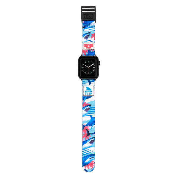 APPLE WATCH™ clip strap with Miami Bites design by Freestyle featuring a shark-patterned strap and a black display face.
