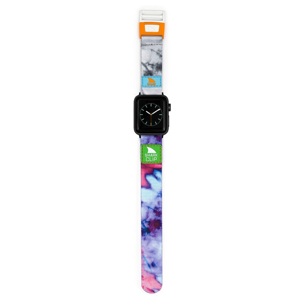 Freestyle APPLE WATCH™ with Clip Strap Tie Dye Magenta/Blue and black square face, displayed vertically.