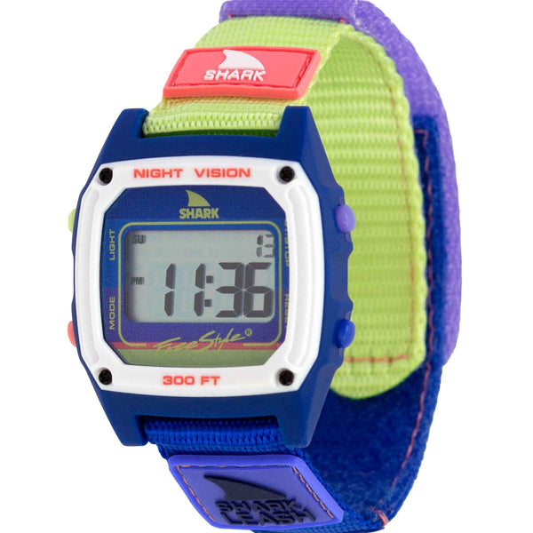 Freestyles Shark Classic digital wristwatch, featuring a Blueberry Lime color scheme, night vision, and a leash strap. Displayed time: 11:36.
