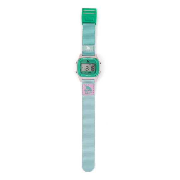 A full view of the Pure Aqua watch with a light blue strap, countdown timer, stopwatch, and dual time function for daily wear.