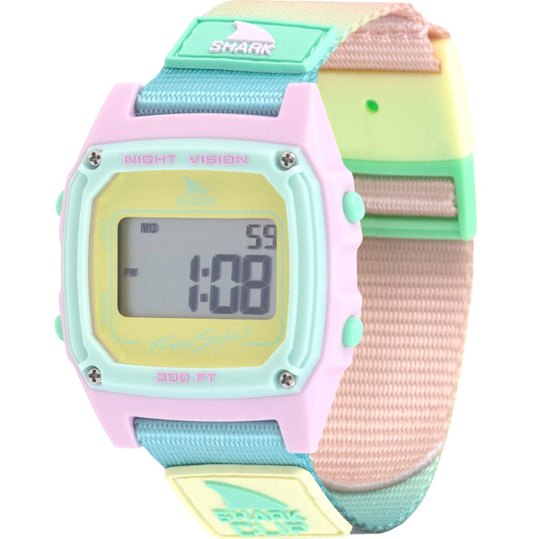 Side view of Shark Classic Clip Scenic Sky watch featuring pastel colors, adjustable strap, and countdown timer.