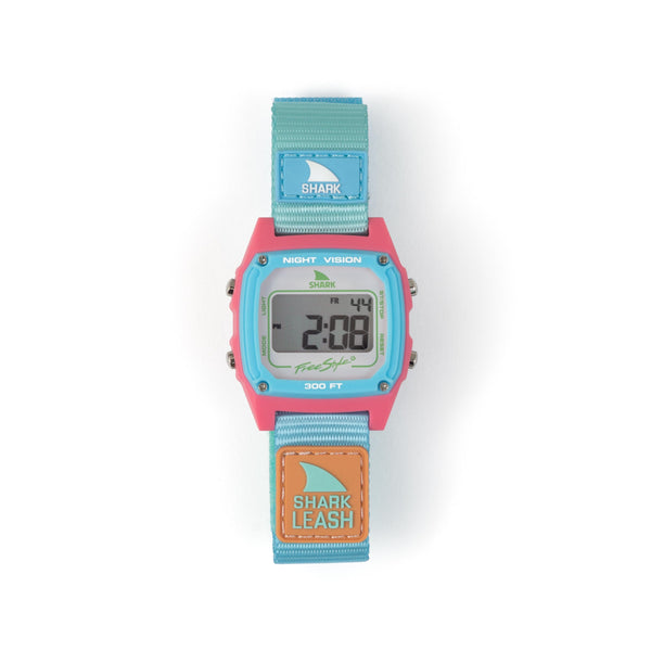 Freestyle Shark Classic Leash Beach House watch with a pink and blue design, digital display, and 300 feet of water resistance.