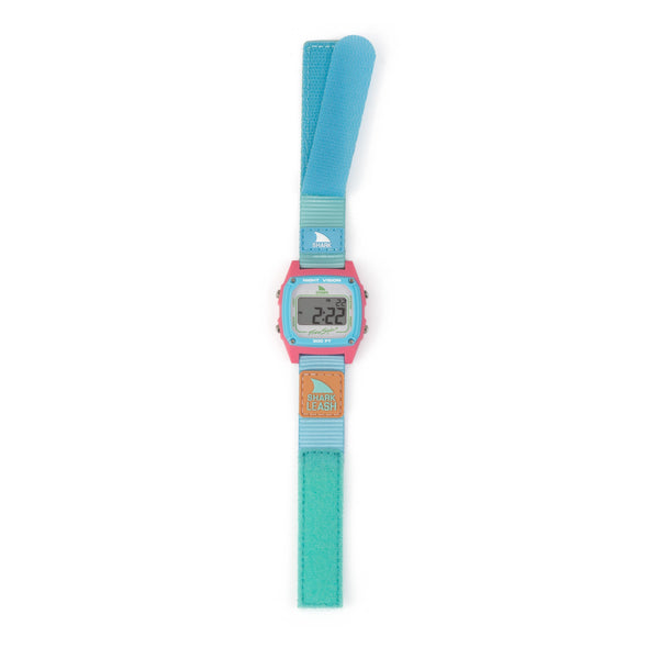 A full view of the Beach House watch with a blue strap, dual time function, stopwatch, countdown timer, and Shark Leash closure.