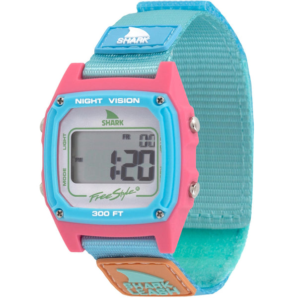 Close-up of the Beach House light blue digital watch, with night vision backlight, alarm settings, and a comfortable, adjustable strap.