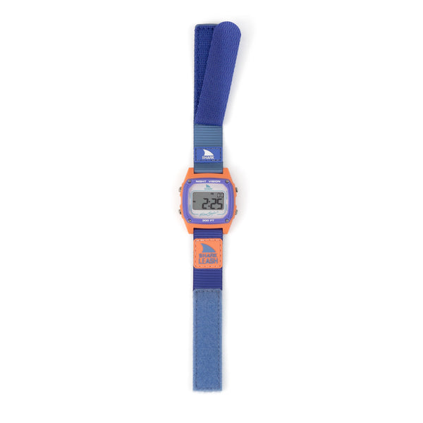 Shore Break watch featuring a blue strap, dual time function, stopwatch, countdown timer, and Shark Leash hook-and-loop closure.