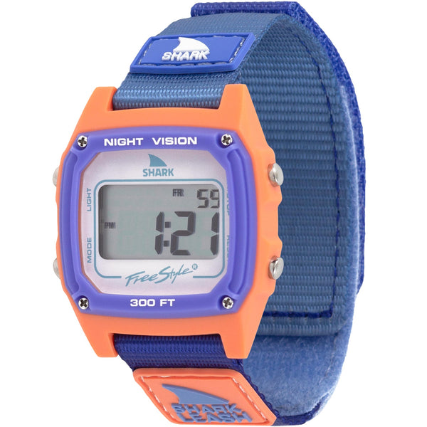 Side view of Shore Break watch with a blue strap, alarm function, and durable Shark Leash closure for a secure fit.