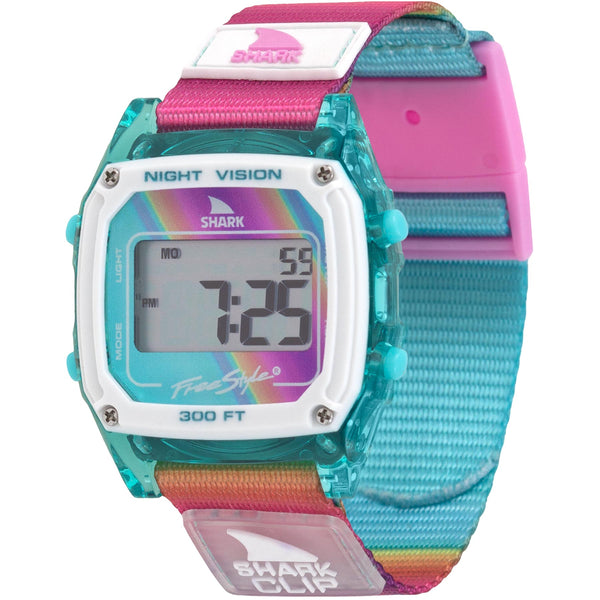 Freestyle SHARK CLASSIC CLIP PINK HORIZON: rainbow strap, turquoise bezel, water resistant, digital watch face displaying numbers.