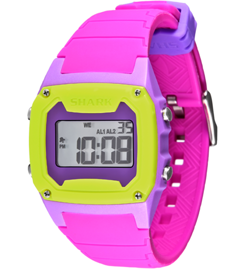 The Freestyle Shark Classic Keeper features a purple silicone case and band, with a digital display showing segmented numbers.