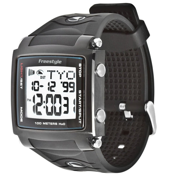Black Lopex III digital watch with Freestyle polyurethane strap, shows time/date, and has light, mode, and start/stop buttons.