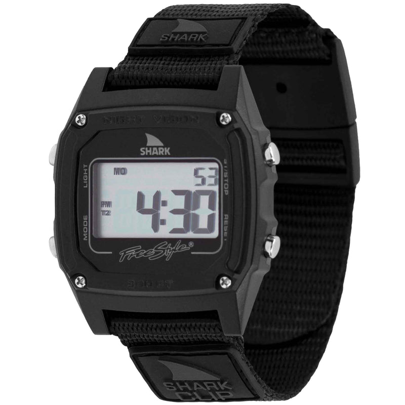 A SHARK CLASSIC CLIP BLACK by Freestyle shows 4:30, with Shark and Freestyle on the face and strap.