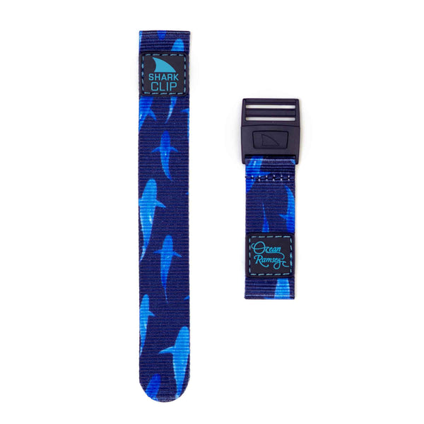 Two blue Freestyle watch straps: a Shark Classic Clip in Ocean Ramsey DEEP BLUE and another featuring an Ocean Ramsey label.